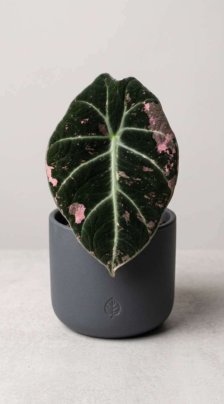 Alocasia 'Black Velvet' Pink Variegated — Fully Rooted with Corm